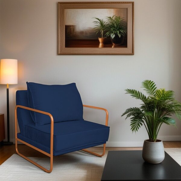 Poltrona Decorativa Base De Ferro Suede Santiago Azul Marinho