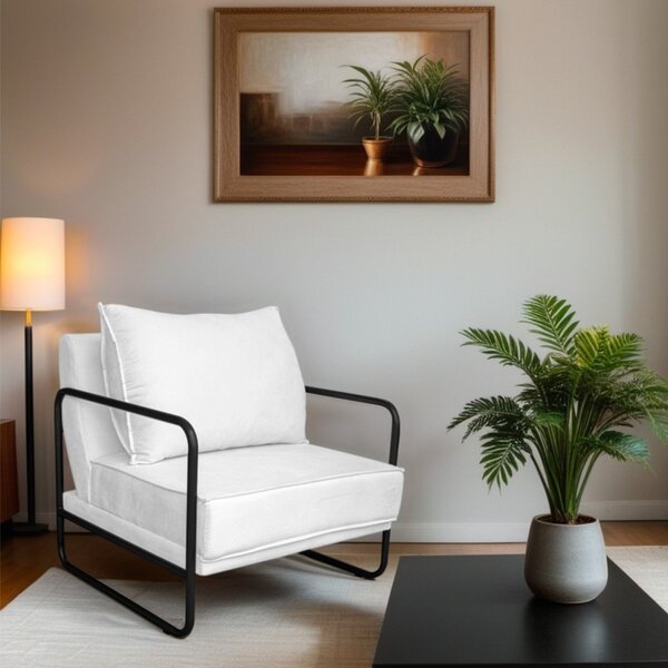 Poltrona Decorativa Base De Ferro Suede Santiago Branco/preto