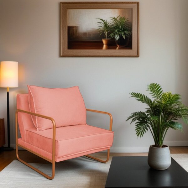 Poltrona Decorativa Base De Ferro Suede Santiago Coral/bronze