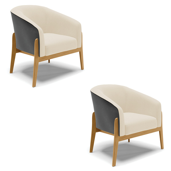 Poltrona Decorativa Base De Madeira Kit 2 Stella Preto/linho