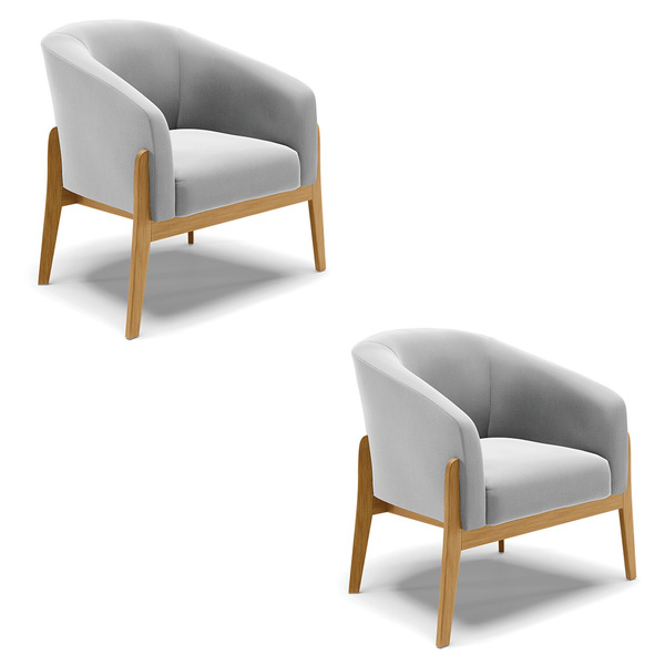 Poltrona Decorativa Base De Madeira Kit 2 Stella Suede Cinza