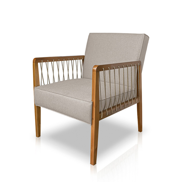 Poltrona Decorativa Base De Madeira Maya Linho Rústico Areia