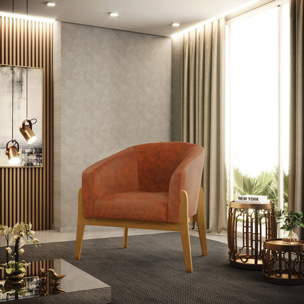 Poltrona Decorativa Base De Madeira Stella Sintético Pu Nozes