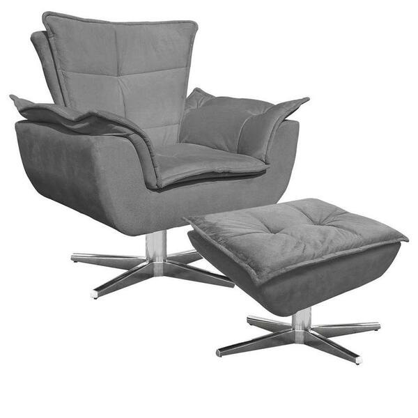 Poltrona Decorativa Base Giratória Cromada Com Puff Opla Sued