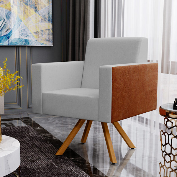 Poltrona Decorativa Base Giratória De Madeira Helô L02 Linho