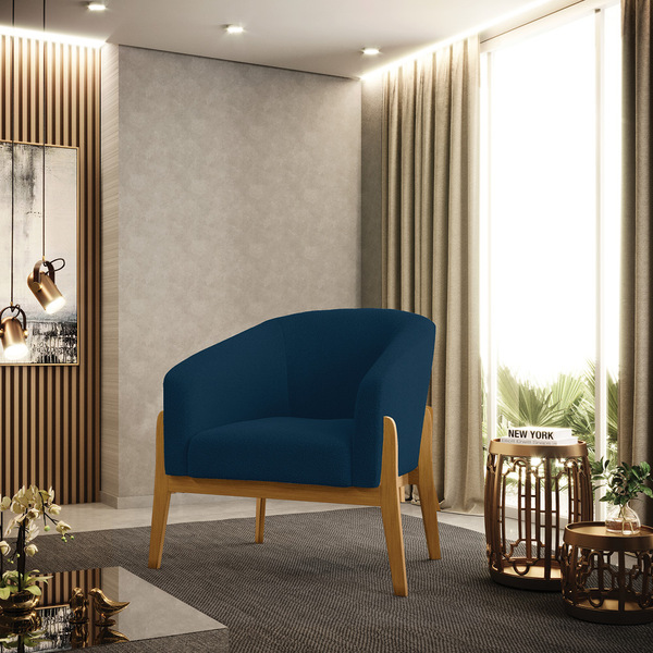 Poltrona Decorativa Base Madeira Stella Bouclê Azul D03 - D'r