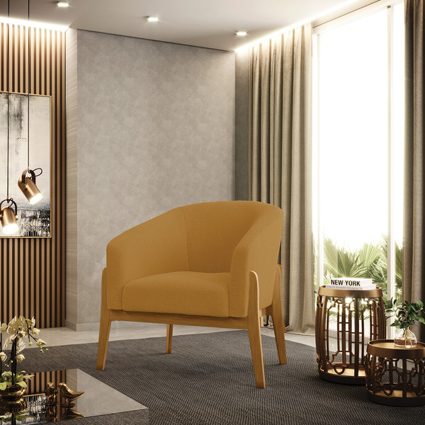 Poltrona Decorativa Base Madeira Stella Bouclê Mostarda D03 -