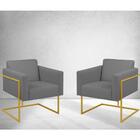 Poltrona Decorativa Bélgica Linho Cinza Escuro Metal Dourado