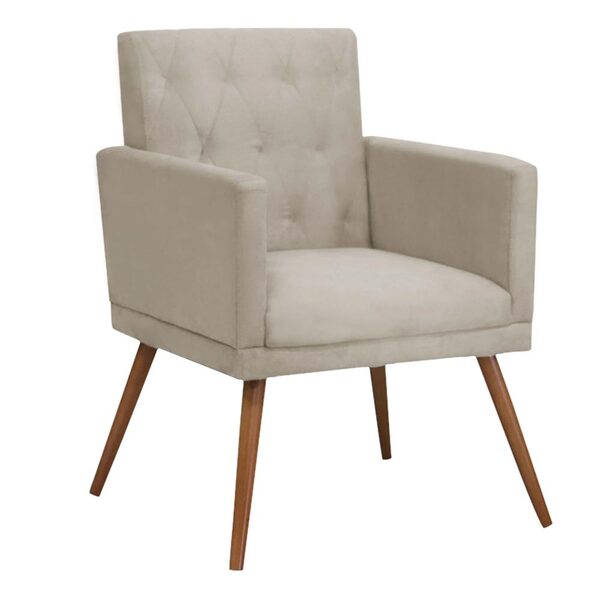 Poltrona Decorativa Bella Costura Pés Madeira Suede Bege