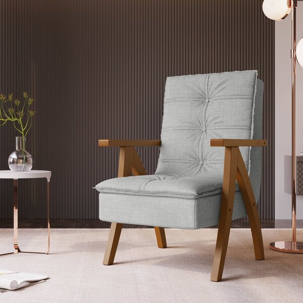 Poltrona Decorativa Com Encosto Alto E Braço De Madeira Ref 5