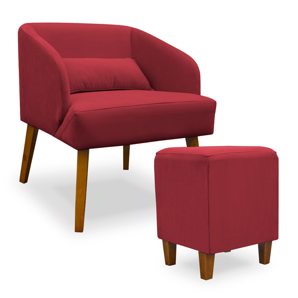 Poltrona Decorativa Com Puff Virgínia Veludo Vermelho - Monta