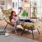 Poltrona Decorativa Costela Com Puff Linho Bege Claro Martin