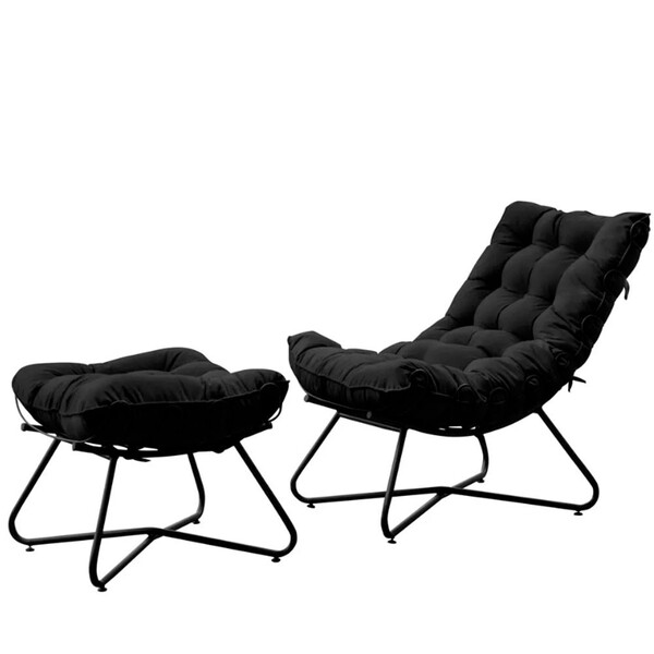 Poltrona Decorativa Eva Base Preta Veludo Preto Com Puff F St