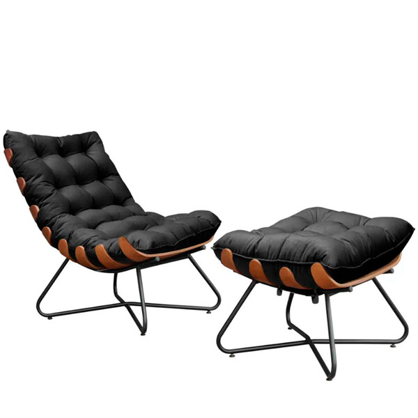 Poltrona Decorativa Eva Base Preta Veludo Preto Com Puff M St