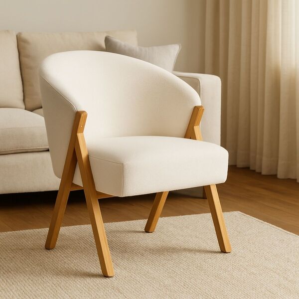 Poltrona Decorativa Ibiza Em Buclê E Pés De Madeira Maciça