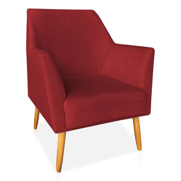 Poltrona Decorativa Julia Veludo Vermelho Pés Palito Castanho