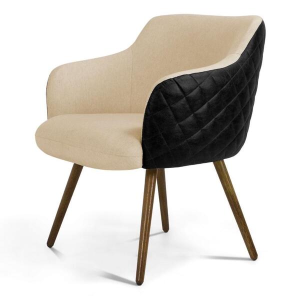 Poltrona Decorativa Linho Bege Sintético Preto