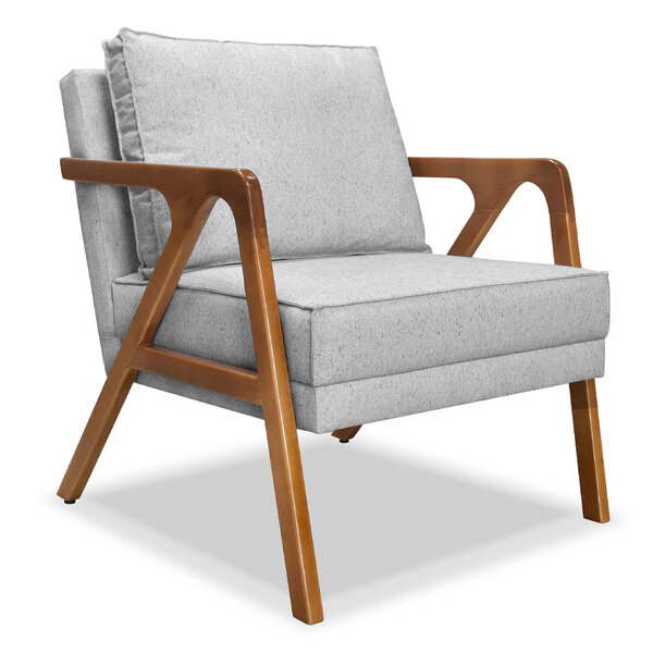 Poltrona Decorativa Luiza Linho Cinza Base Em Madeira Castanh