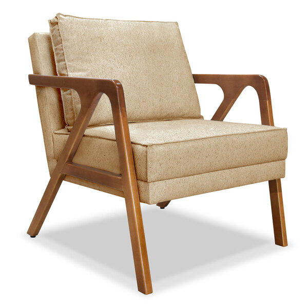 Poltrona Decorativa Luiza Linho Dourado Base Em Madeira Casta