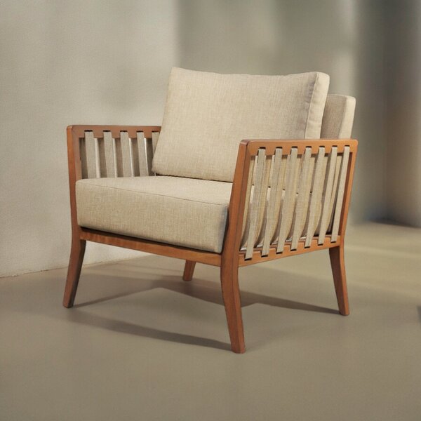 Poltrona Decorativa Madeira Maciça Helena Linho Bege Claro