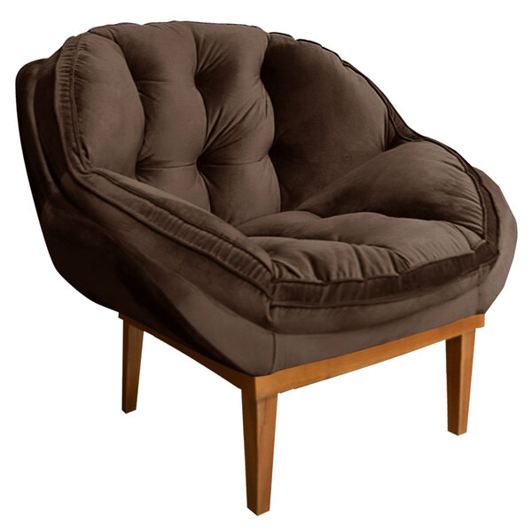 Poltrona Decorativa Marcela Veludo Marrom Base Madeira Castan