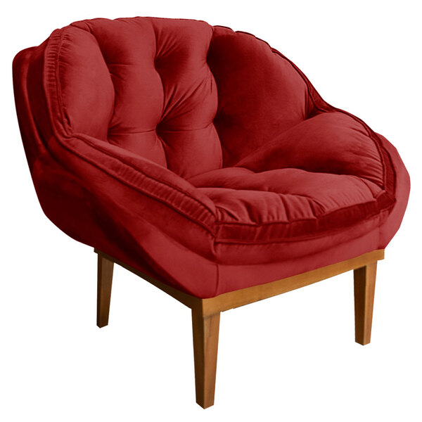 Poltrona Decorativa Marcela Veludo Vermelho Base Madeira Cast