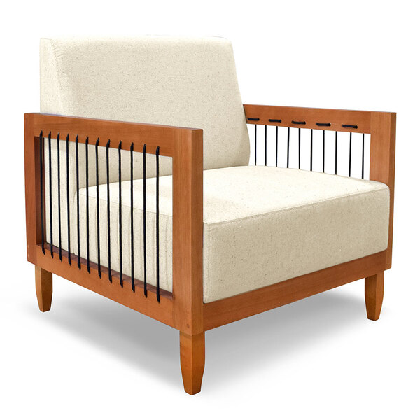 Poltrona Decorativa Marilia Linho Bege Base Em Madeira Castan