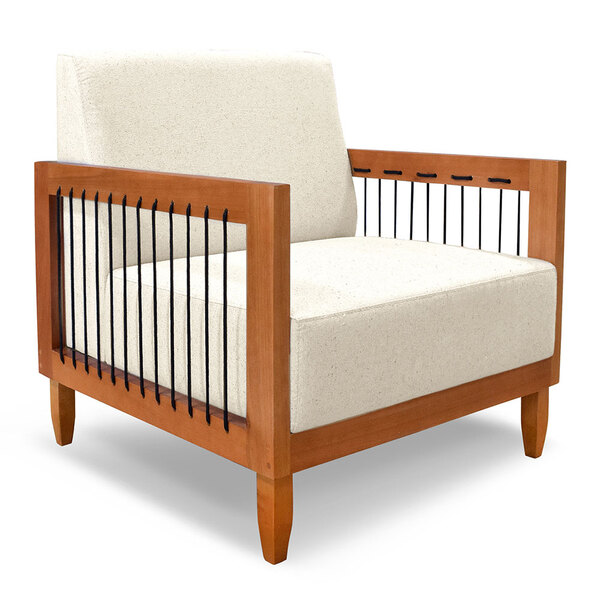 Poltrona Decorativa Marilia Linho Natural Base Em Madeira Cas