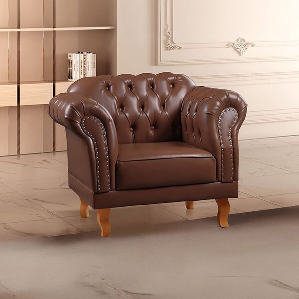 Poltrona Decorativa Marrom Corino Sintético Chesterfield Clás