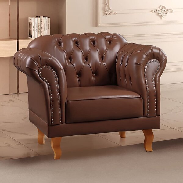 Poltrona Decorativa Marrom Corino Sintético Chesterfield Clás