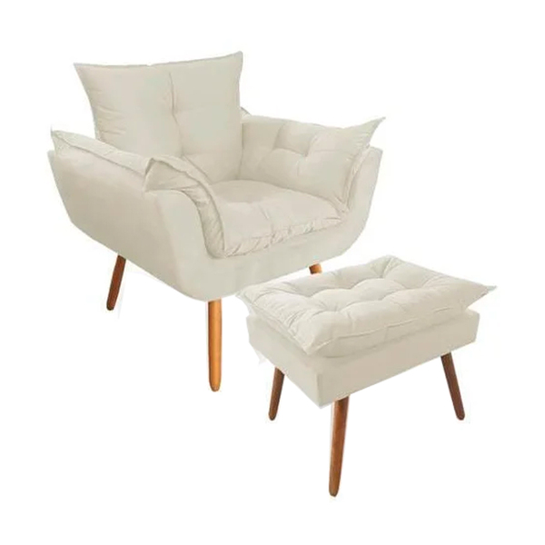 Poltrona Decorativa Opala Deluxe Com Puff Suede Bege