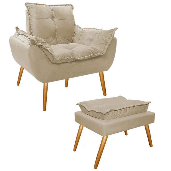 Poltrona Decorativa Opala Premium Com Puff Suede Bege