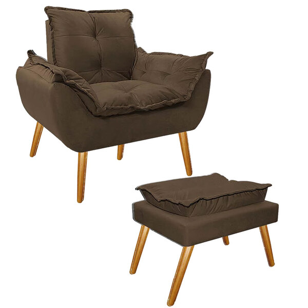 Poltrona Decorativa Opala Premium Com Puff Suede Marrom