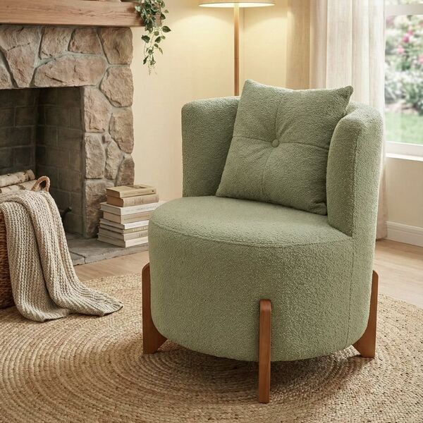 Poltrona Decorativa Orgânica Curva Luna Boucle Verde Oliva -