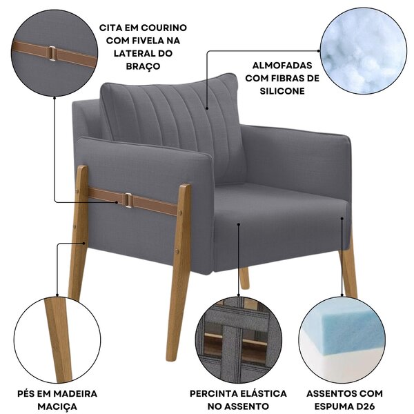 Poltrona Decorativa Para Sala De Estar Orion Cinza