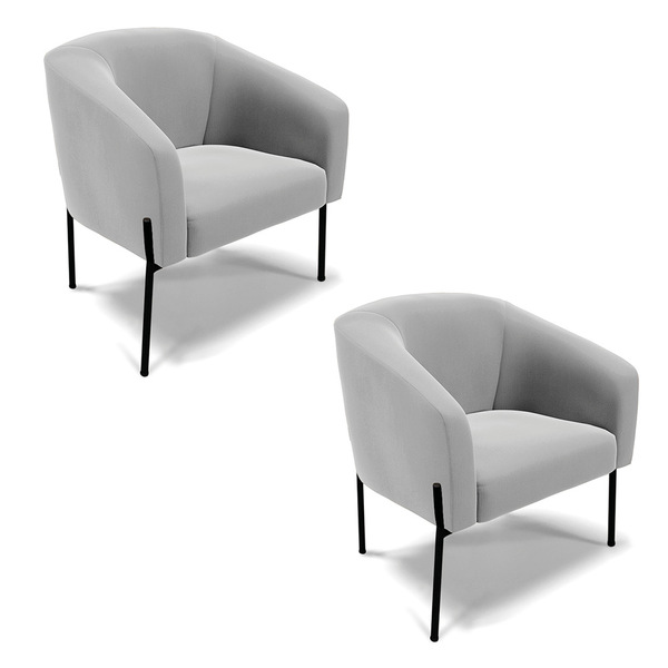 Poltrona Decorativa Pé De Ferro Preto Kit 2 Stella Suede Cinz