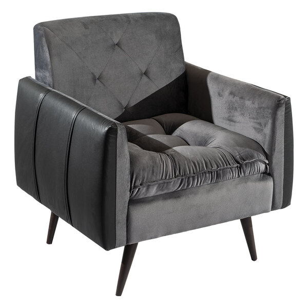 Poltrona Decorativa Pés Palito Tulum Veludo/pu Cinza/preto  -
