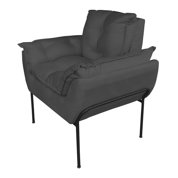 Poltrona Decorativa Suede Cinza Base Preta - Vallisa Decor
