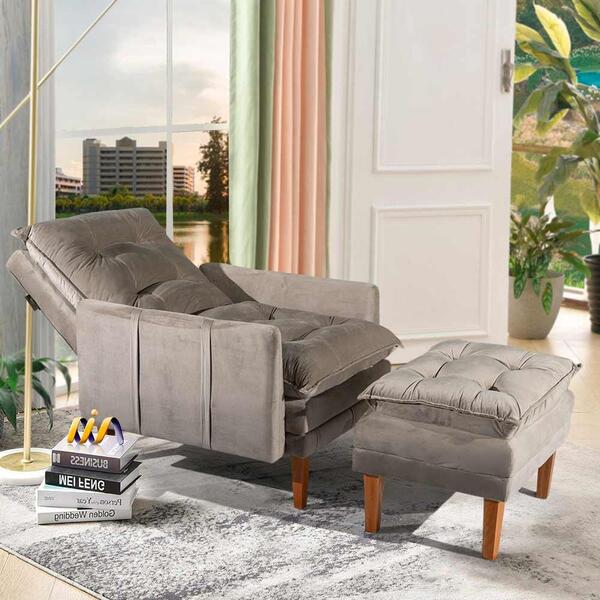 Poltrona Do Papai Reclinável Com Puff Veludo Bege Veneza Bout