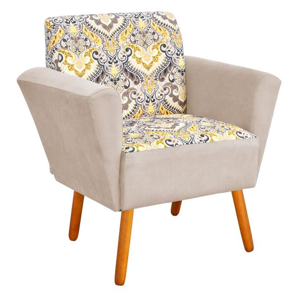 Poltrona Dora Estampado D77 Com Suede Bege Pés Palito Castanh