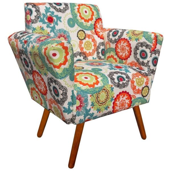 Poltrona Dora Estampado Floral Laranja D31 Pés Palito Castanh