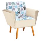 Poltrona Dora Estampado Folhas D68 Com Veludo Bege Pés Palito