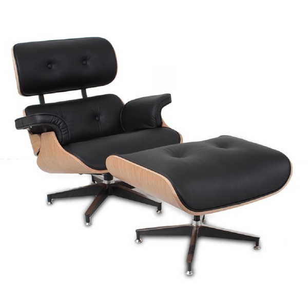 Poltrona E Puff Charles Eames Jac. Couro Natural Preto