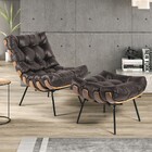 Poltrona E Puff Costela Couro Legítimo Marrom Base Industrial