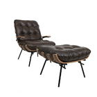 Poltrona E Puff De Couro Costela Com Braço Marrom Bicolor - M