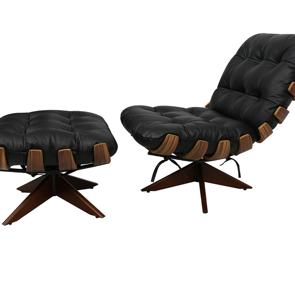 Poltrona E Puff De Couro Costela Wood - Preto Pigmentado - Me