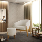 Poltrona E Puff Decorativo Base Madeira Stella Bouclê Bege P0