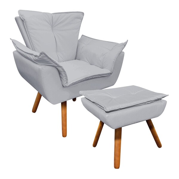 Poltrona E Puff Decorativo Pé Palito De Madeira Opala Corino