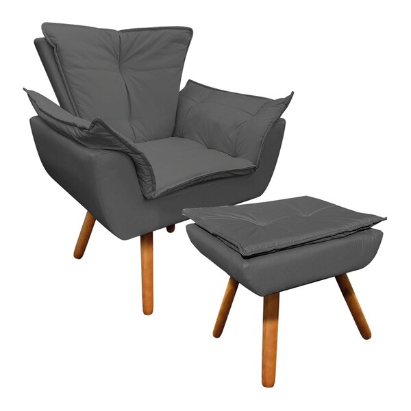 Poltrona E Puff Decorativo Pé Palito De Madeira Opala Corino