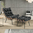 Poltrona E Puff Decorativos Sala De Estar Costela Couro Preto